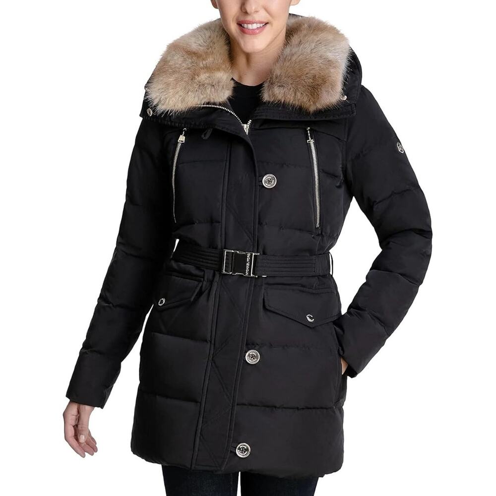 MICHAEL Michael Kors Faux Fur Collar Down Puffer Coat Gold Buttons X-Small